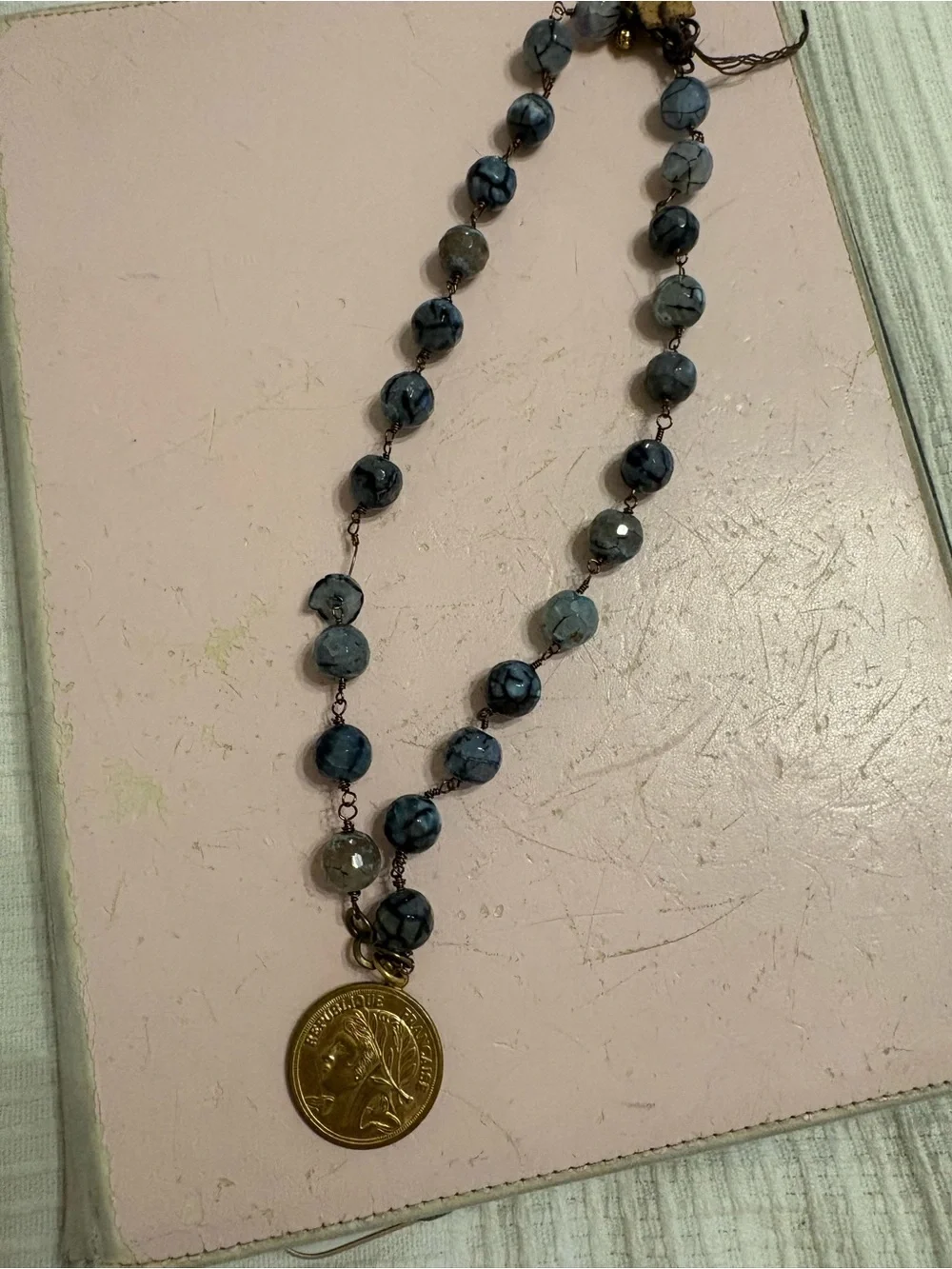 Blue Beaded Coin Pendant Necklace - Unbranded